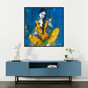 'Love With Birds' painting by Mukesh Salvi shown on a wall in a furnished room.