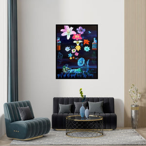 Preview of 'Love In Corona Time 2020 (Night Bloom)' Painting by Rawindra Das shown on a wall in a furnished room.