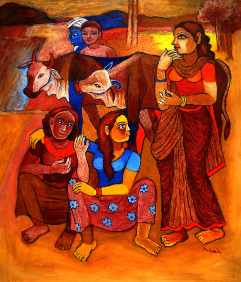 Love In A Farming Family' figurative acrylic painting by artist Kalipada Purkait, 32x28 inch, on canvas