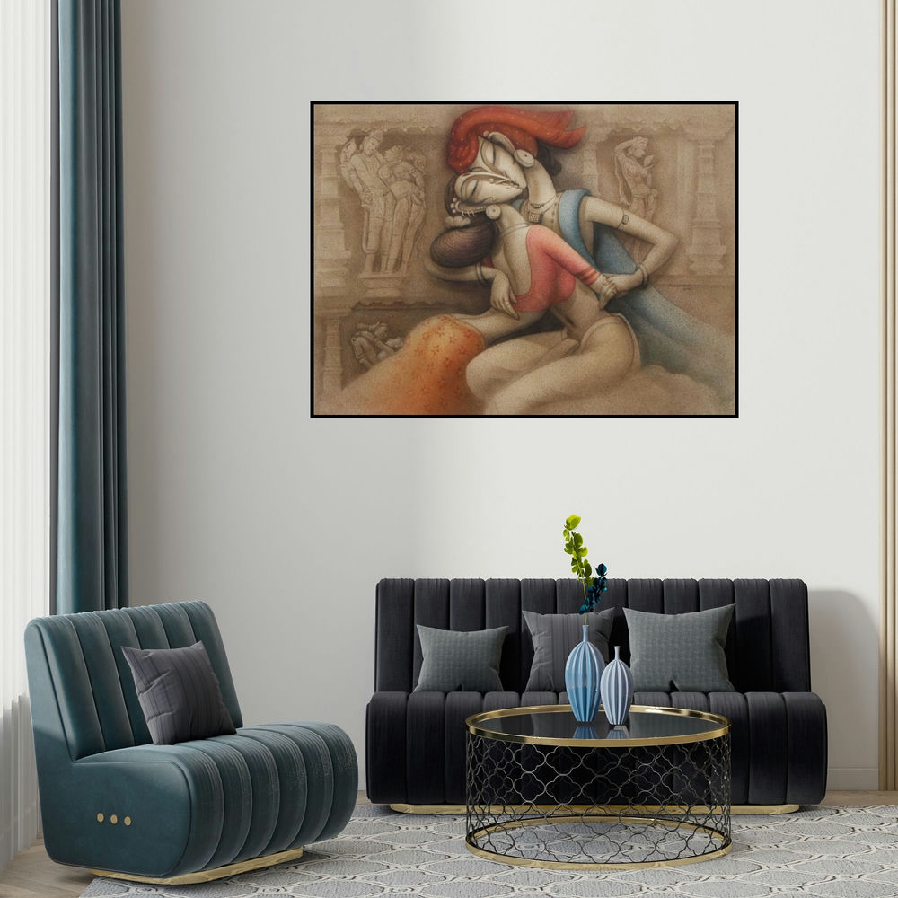 Ramesh Pachpande's 'Love I (Timeless Affection)' painting visualized above a sofa in a contemporary room.