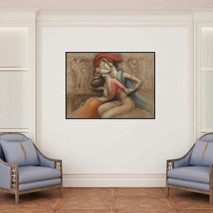 'Love I (Timeless Affection)' painting by Ramesh Pachpande shown on a wall in a furnished room.