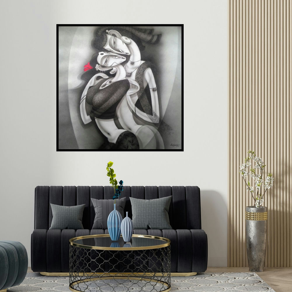 Ramesh Pachpande's 'Love Ii (Embrace of Harmony)' painting visualized above a sofa in a contemporary room.