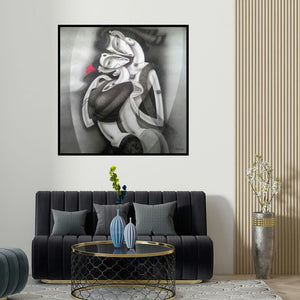 Ramesh Pachpande's 'Love Ii (Embrace of Harmony)' painting visualized above a sofa in a contemporary room.