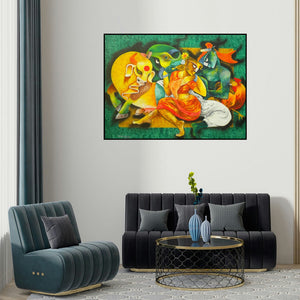 Uttam Manna's 'Love Of Indigenous (Divine Love)' painting visualized above a sofa in a contemporary room.