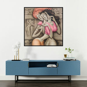 'Love At Khajuraho (Eternal Bond)' painting by Ramesh Pachpande shown on a wall in a furnished room.