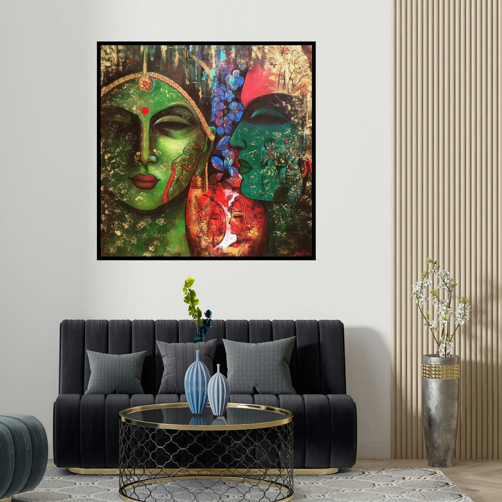 Arjun Das's 'Love Of Krishna' painting visualized above a sofa in a contemporary room.