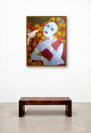Love Message Through Parrot (Natures Embrace) by artist V V Swamy displayed in a Minimalist Hotel Suite