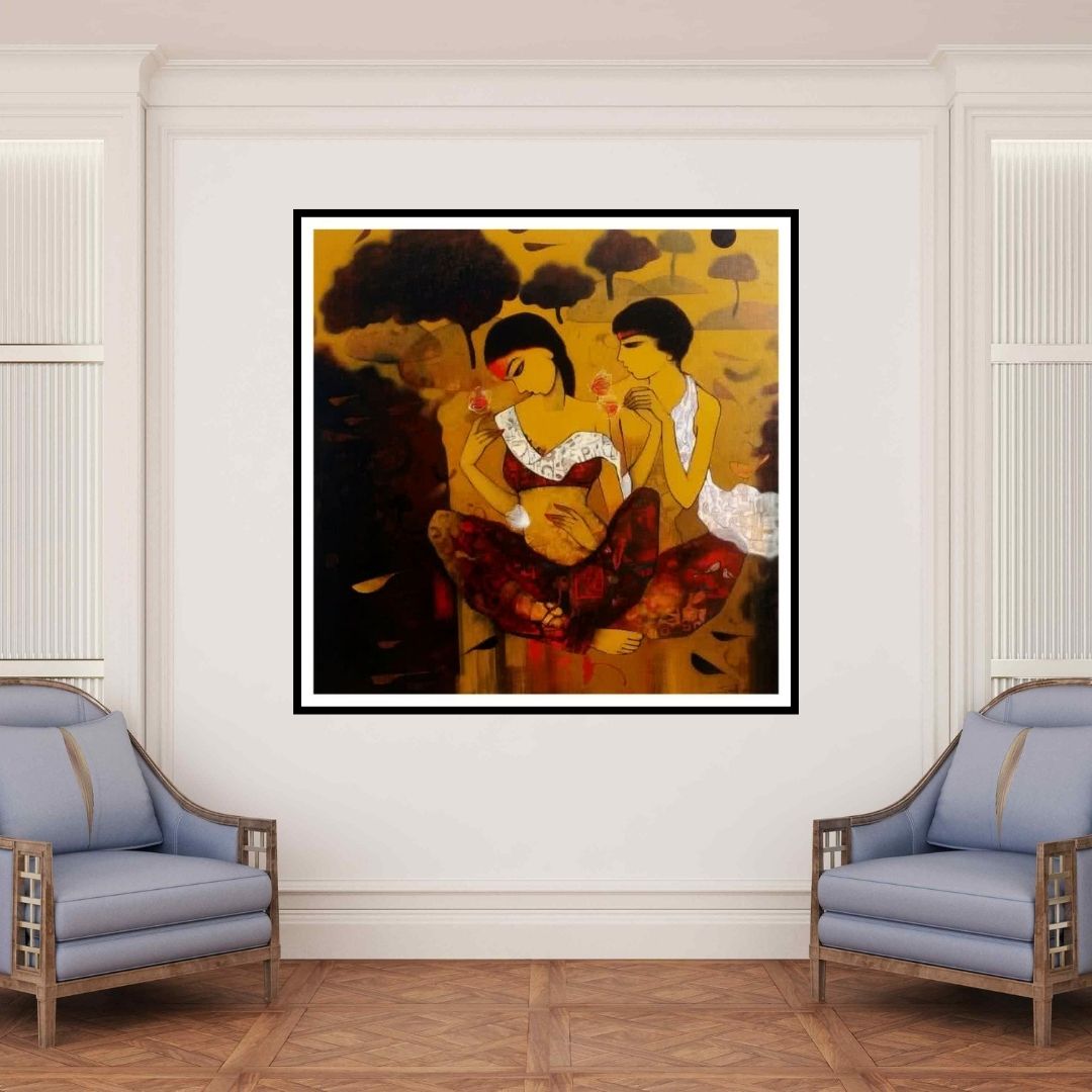 In-situ view of Mukesh Salvi's 'Love With Nature 2 (Couple in Forest)' painting in a room