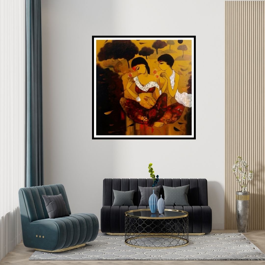 Preview of 'Love With Nature 2 (Couple in Forest)' Painting by Mukesh Salvi shown on a wall in a furnished room.