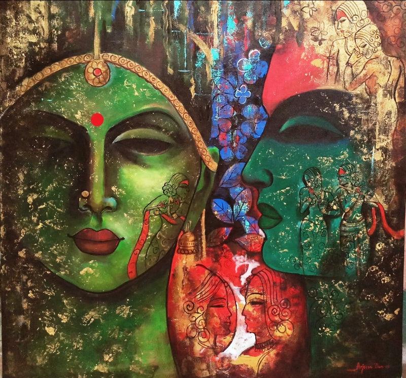 contemporary acrylic painting titled 'Love Of Krishna', 36x36 inches, by artist Arjun Das on canvas