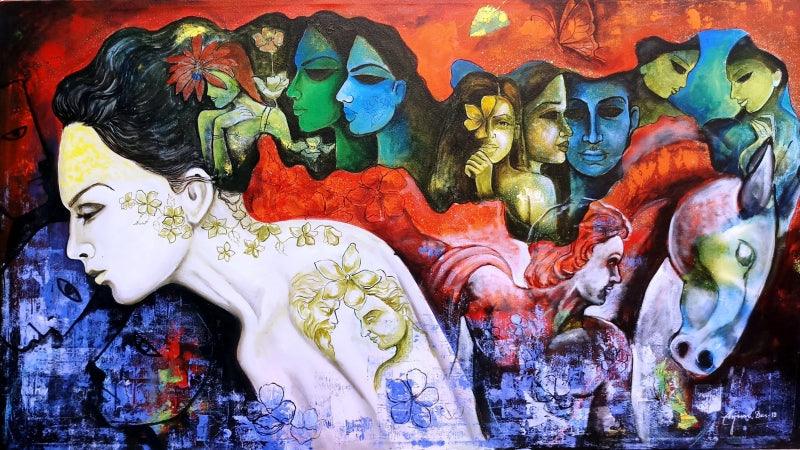 Abstract acrylic painting titled 'Love Saga 2', 33x60 inches, by artist Arjun Das on Canvas