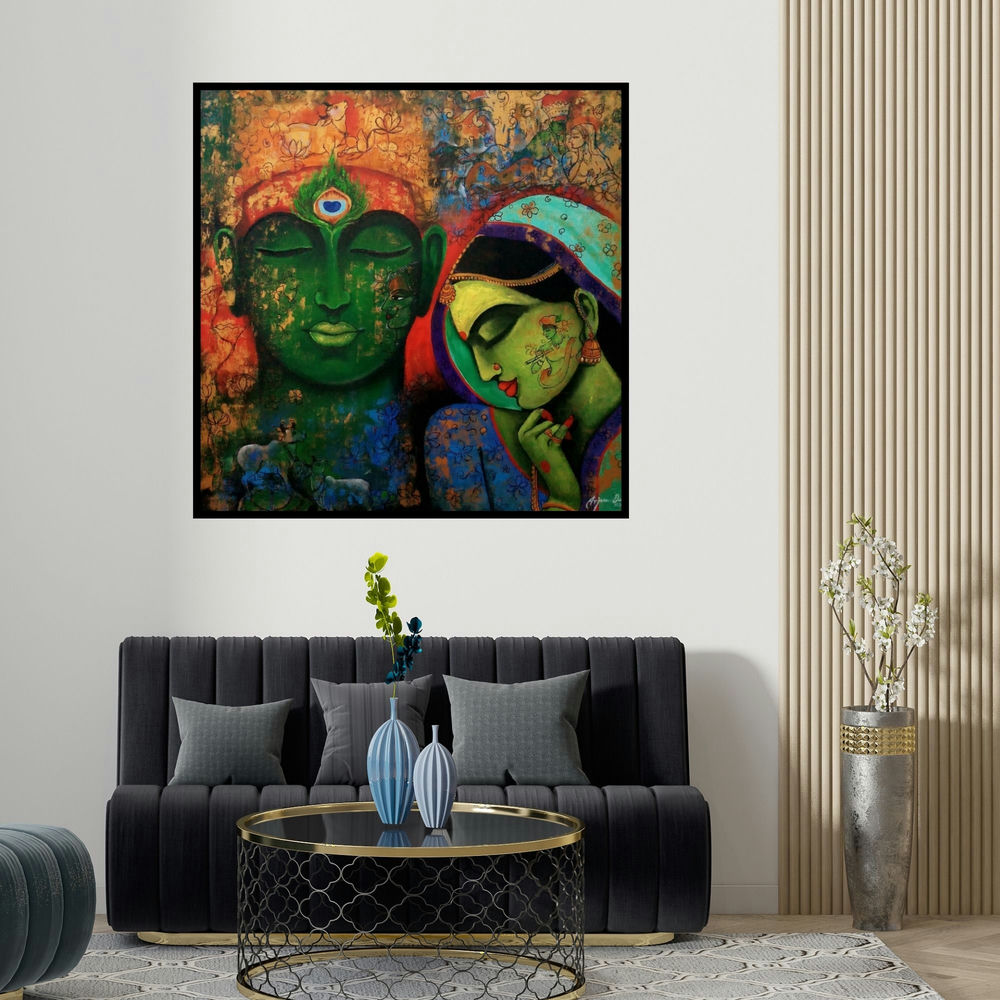 Arjun Das's 'Love Saga (Radha Krishna)' painting visualized above a sofa in a contemporary room.