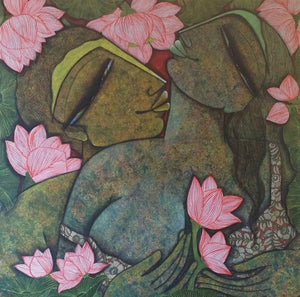 Love Series 1 (In the Garden of Love) by Nabanita Konar, Original Mixed Media Figurative Painting on Canvas, Medium Square Wall Art