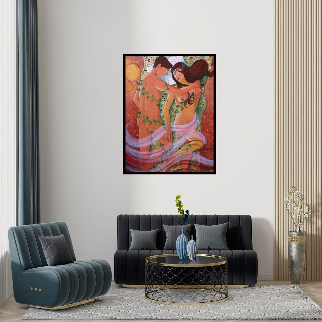 Preview of 'Love Story 2' Painting by Pallavi Deodhar shown on a wall in a furnished room.