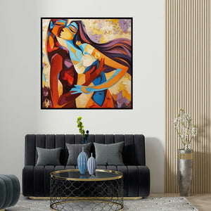 Laxmi Mysore's 'A Love Story (The Love Duet)' painting visualized above a sofa in a contemporary room.