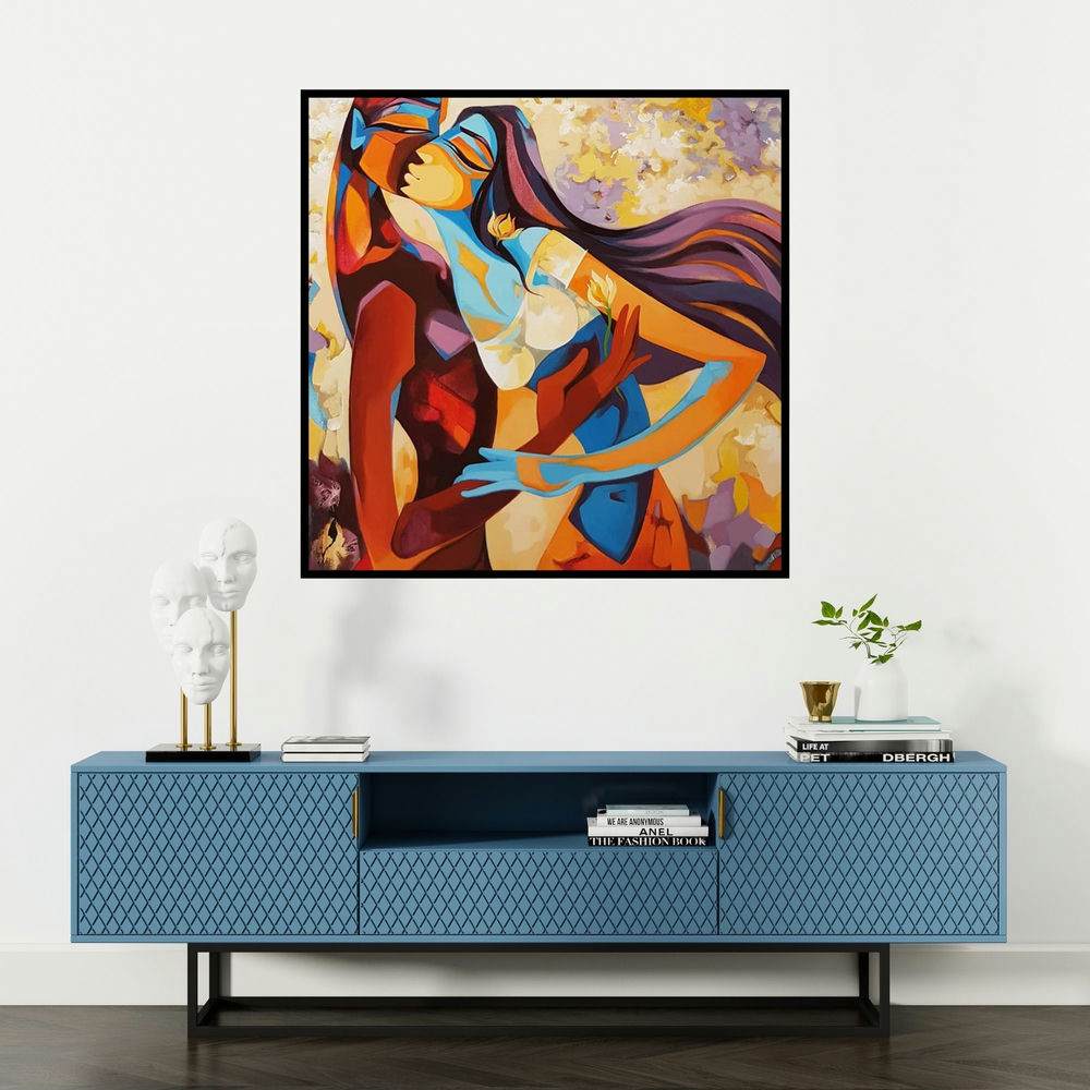 'A Love Story (The Love Duet)' painting by Laxmi Mysore shown on a wall in a furnished room.
