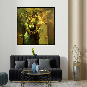 Shravan Kumar's 'Lovely Couple (Eternal Embrace)' painting visualized above a sofa in a contemporary room.