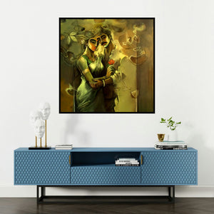 'Lovely Couple (Eternal Embrace)' painting by Shravan Kumar shown on a wall in a furnished room.
