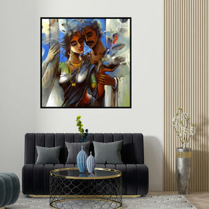 Shravan Kumar's 'Lovely Couple 2 (Serene Companions)' painting visualized above a sofa in a contemporary room.