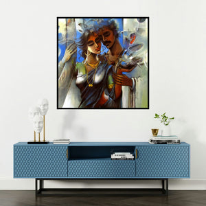 'Lovely Couple 2 (Serene Companions)' painting by Shravan Kumar shown on a wall in a furnished room.