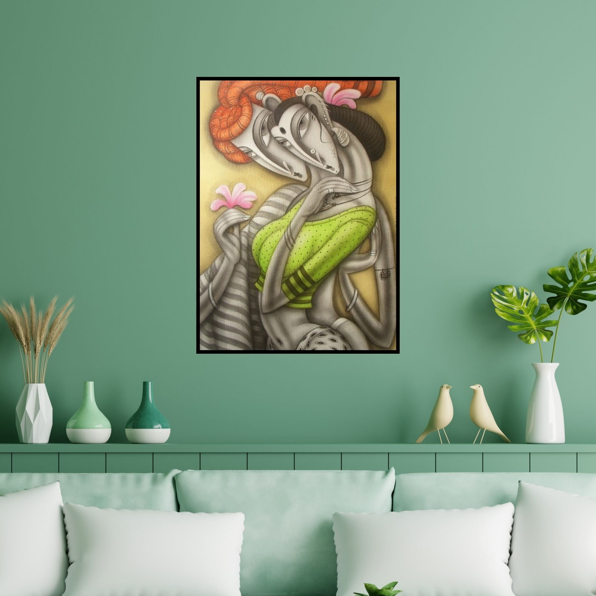 Preview of 'Lovely Couple (A Tapestry of Traditions)' Painting by Ramesh Pachpande shown on a wall in a furnished room.