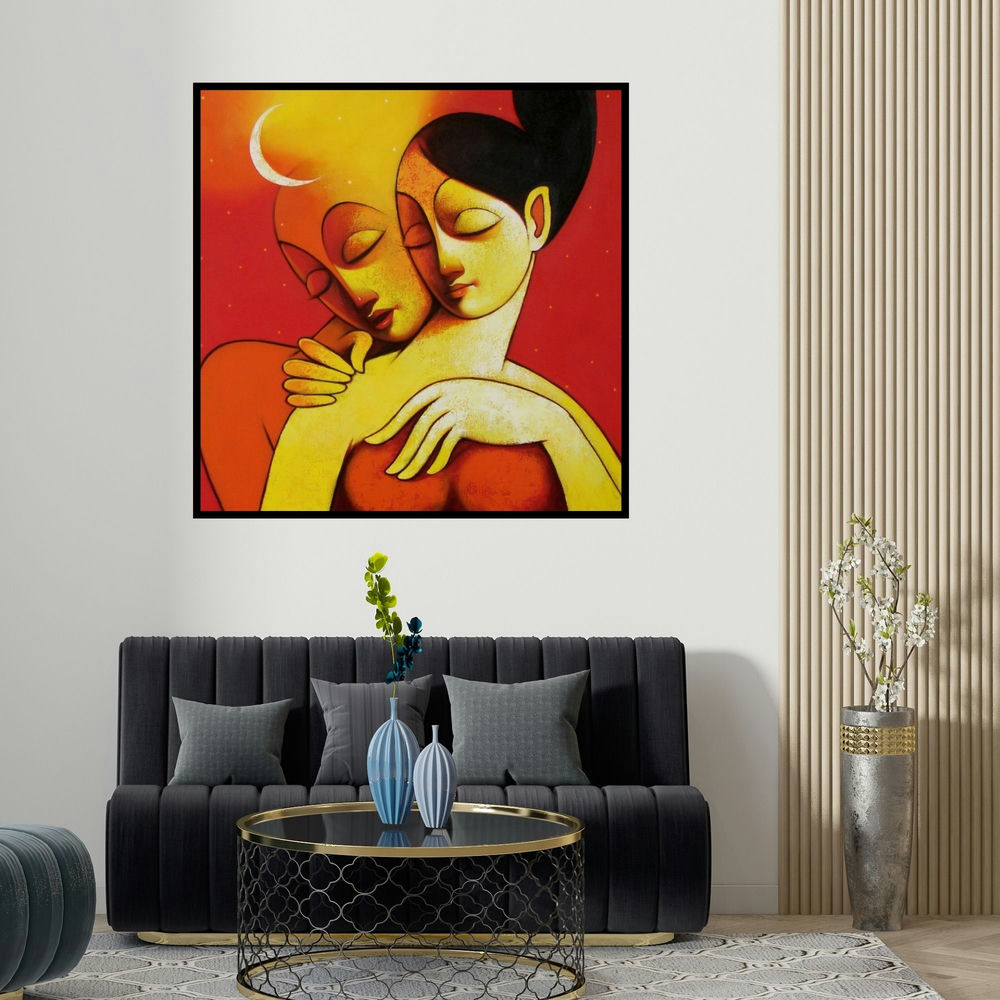 Navnath Chobhe's 'Lover' painting visualized above a sofa in a contemporary room.