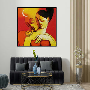 Navnath Chobhe's 'Lover' painting visualized above a sofa in a contemporary room.