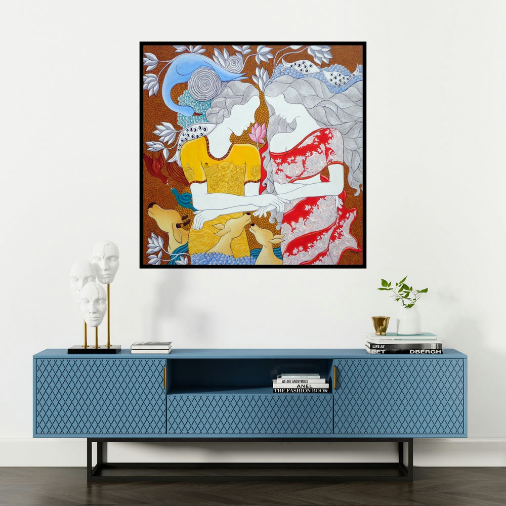 'The Lovers (Eternal Embrace)' painting by Hariom Kuthwaria shown on a wall in a furnished room.