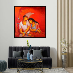 Samir Sarkar's 'Lovers (Crimson Embrace)' painting visualized above a sofa in a contemporary room.