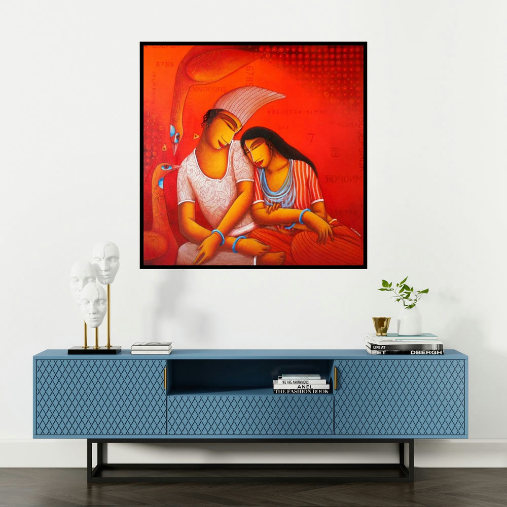 'Lovers (Crimson Embrace)' painting by Samir Sarkar shown on a wall in a furnished room.