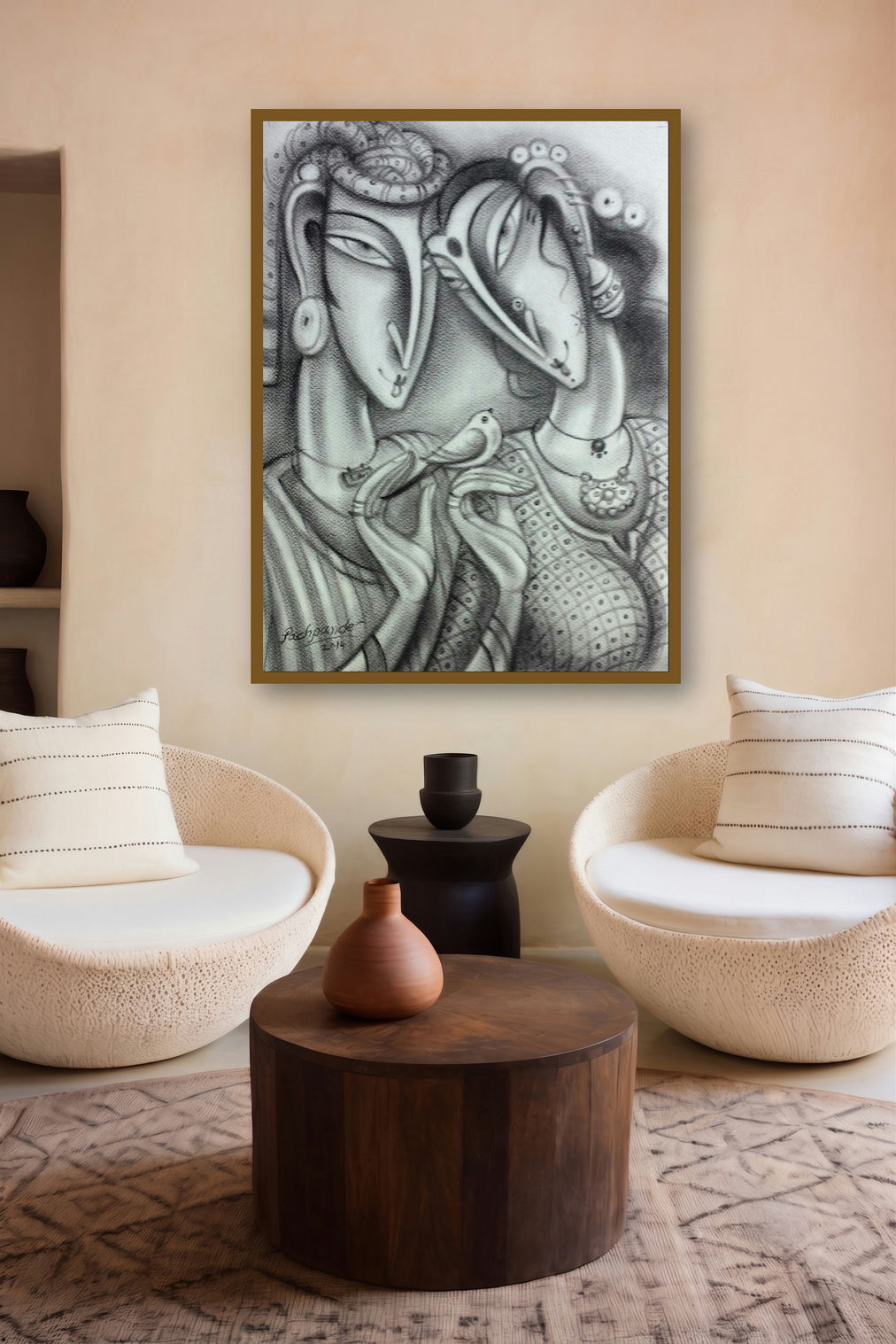 Loving Couple (Shared Gaze) by artist Ramesh Pachpande displayed in a Museum Style gallery