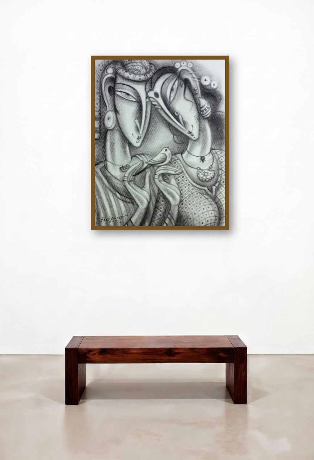 Loving Couple (Shared Gaze) by artist Ramesh Pachpande displayed in a Contemporary Luxury Foyer