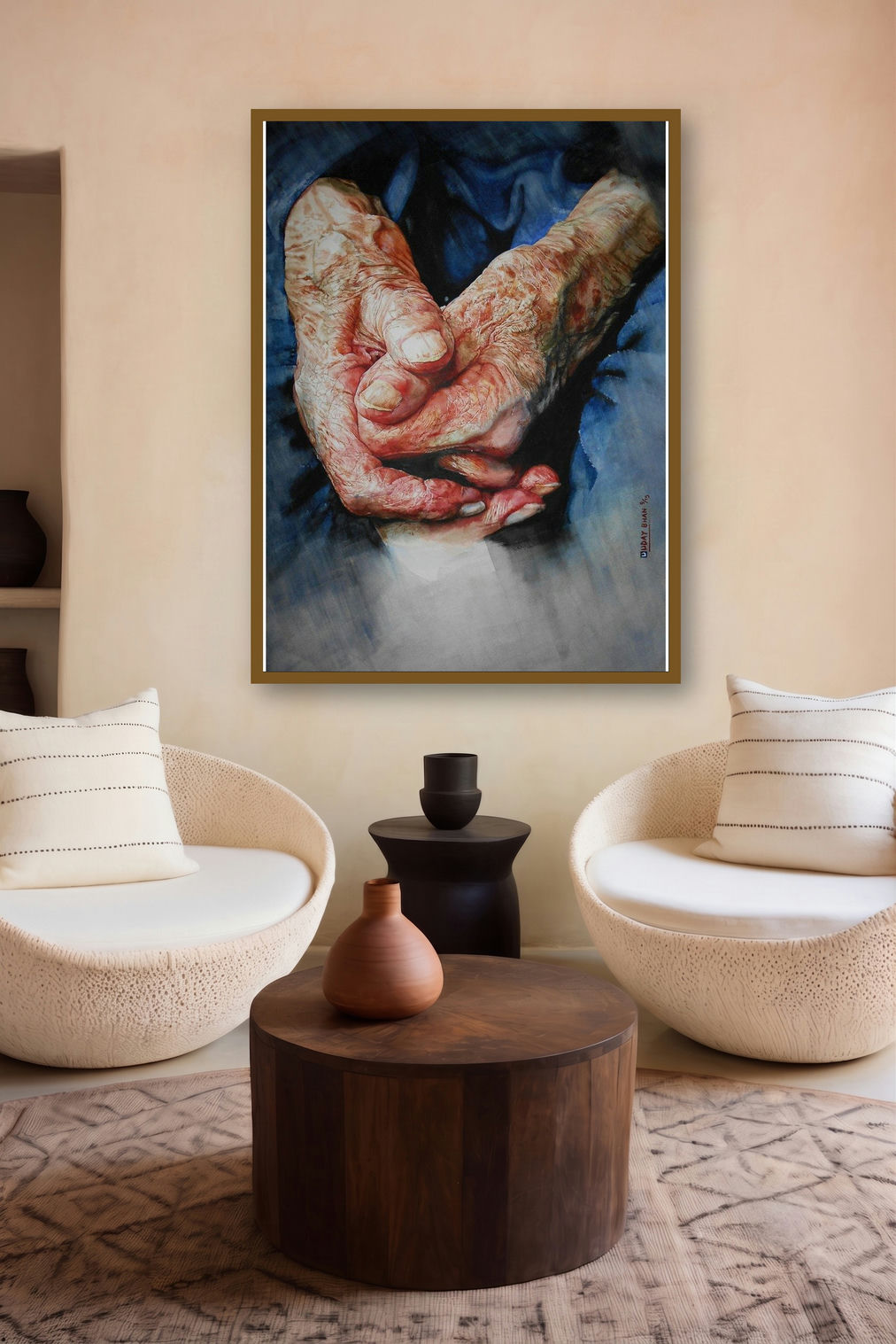 Loving Hands (A Lifetime of Stories) by artist Dr Uday Bhan displayed in a Indian Art gallery