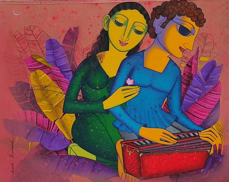 'Loving Melody' figurative acrylic painting by artist Prakash Deshmukh, 31x37 inch, on canvas