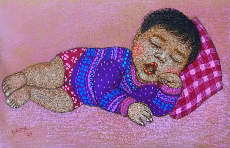 Figurative dry pastel painting titled 'Lullaby 21', 13x19 inches, by artist Meena Laishram on Paper
