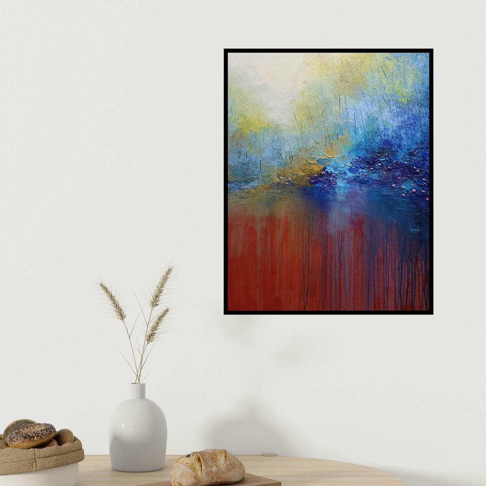 Kayal Vizhi's 'Luminous' painting visualized above a sofa in a contemporary room.