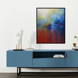 'Luminous' painting by Kayal Vizhi shown on a wall in a furnished room.