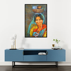 Preview of 'Lunch Box' Painting by Milind Varangaonkar shown on a wall in a furnished room.