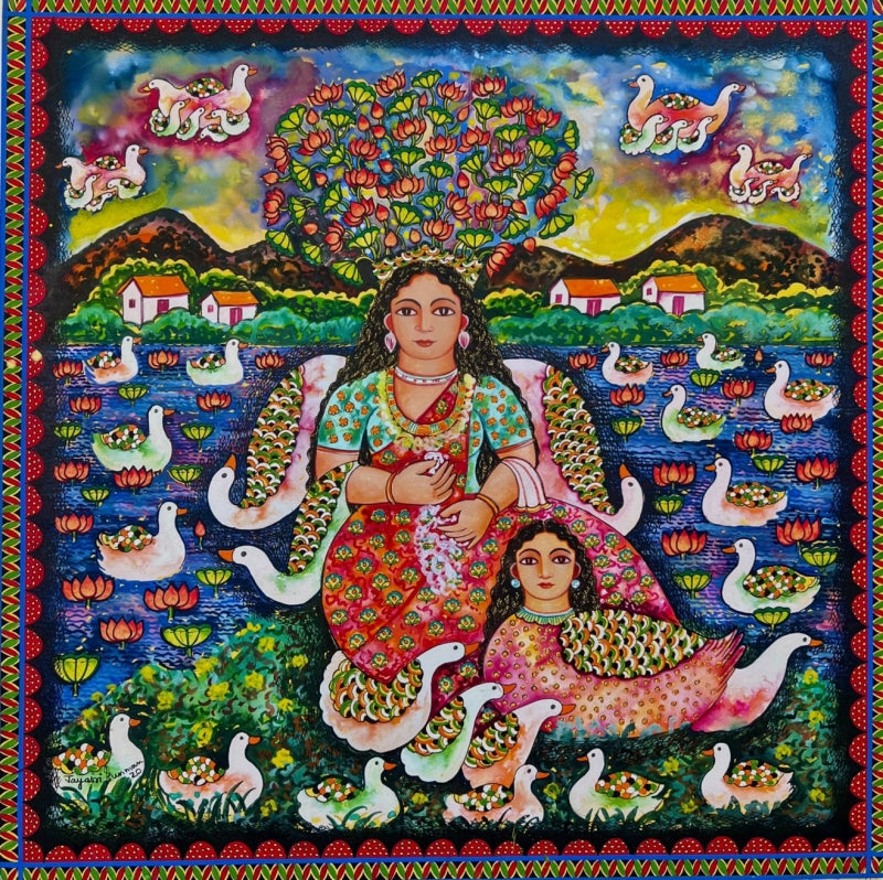 Maa O Kanya' figurative mixed-media painting by artist Jayasri Burman, 24x24 inch, on lucobond board