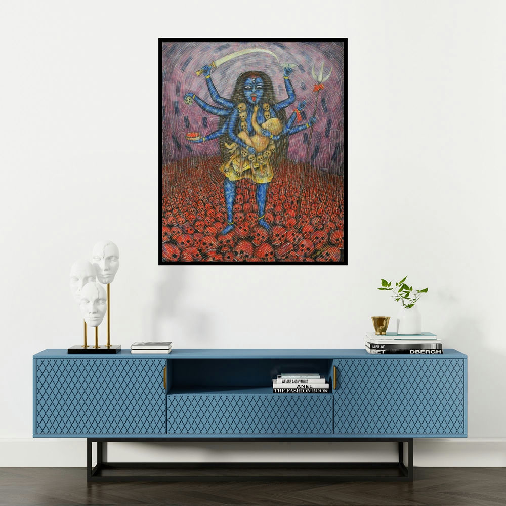 Sudip Das's 'Maa (Kali Ma)' painting visualized above a sofa in a contemporary room.