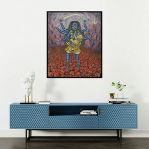 Sudip Das's 'Maa (Kali Ma)' painting visualized above a sofa in a contemporary room.