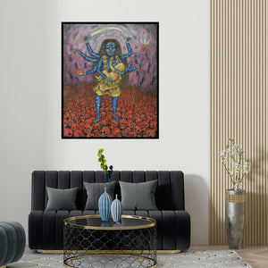 'Maa (Kali Ma)' painting by Sudip Das shown on a wall in a furnished room.
