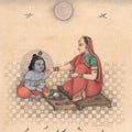 Religious mixed media painting titled 'Maa Yashoda And Krishna 1', 8x7 inches, by artist Mahaveer Swami on Handmade Paper