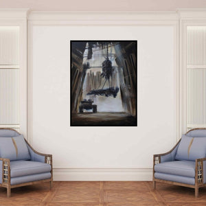 In-situ view of Nikhil Patil's 'Machine (Iron Giants)' painting in a room