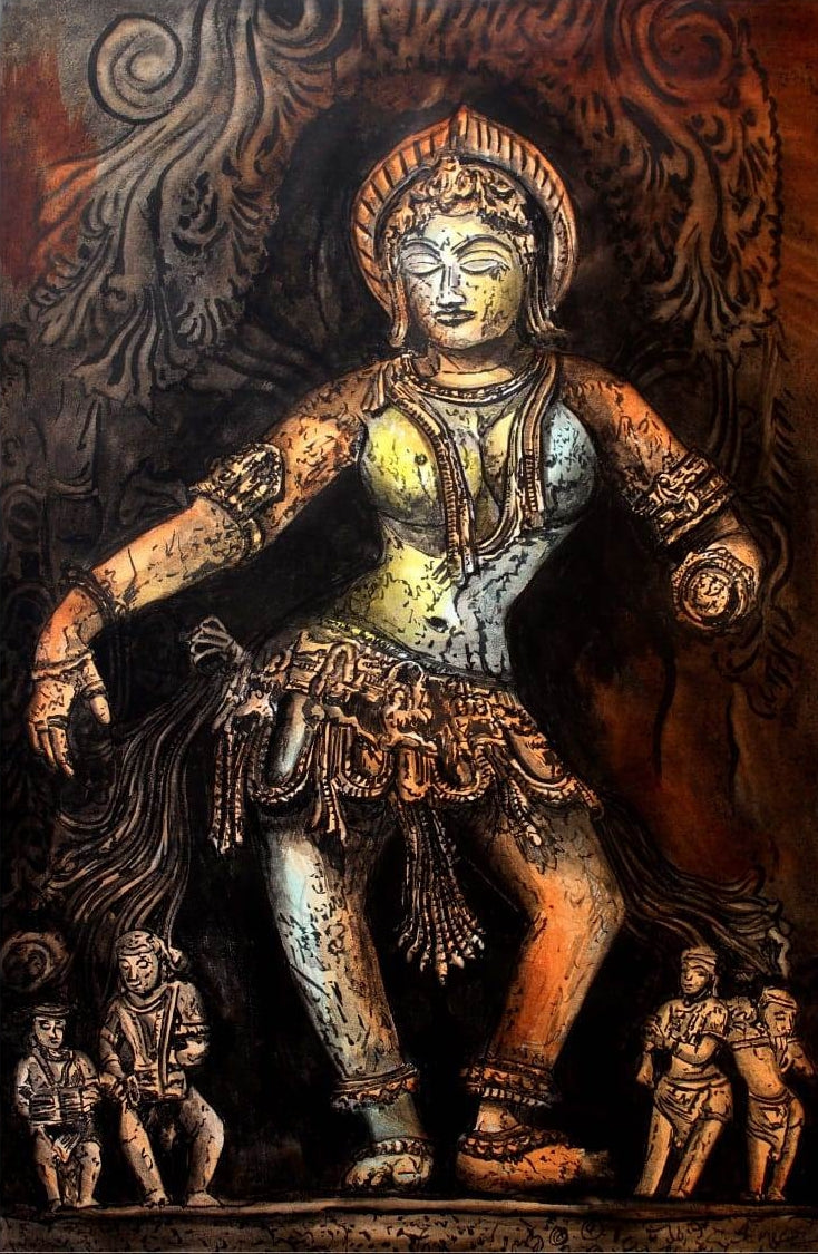 Madanika Sculpture' religious mixed-media painting by artist Gangu Naidu Pv, 36x24 inch, on canvas