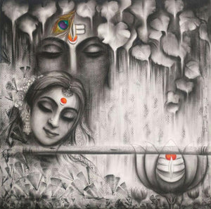 Madanmohini (Monochromatic Union) by Rakhi Baid, Original Charcoal Religious Painting on Canvas, Medium Square Wall Art