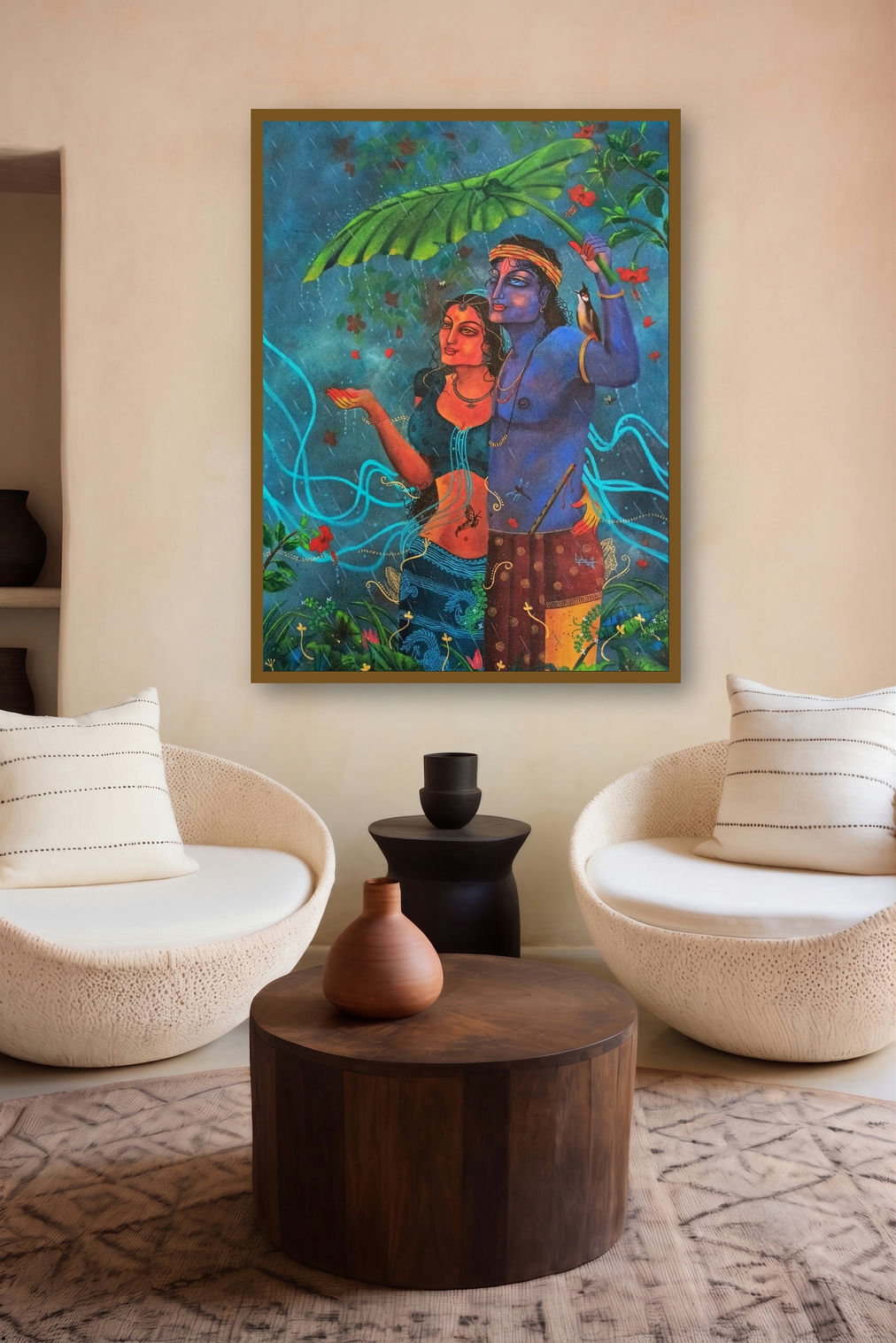 Madhuban (Love in the Monsoon Rain) by artist Lisha N T displayed in a Contemporary Exhibition gallery