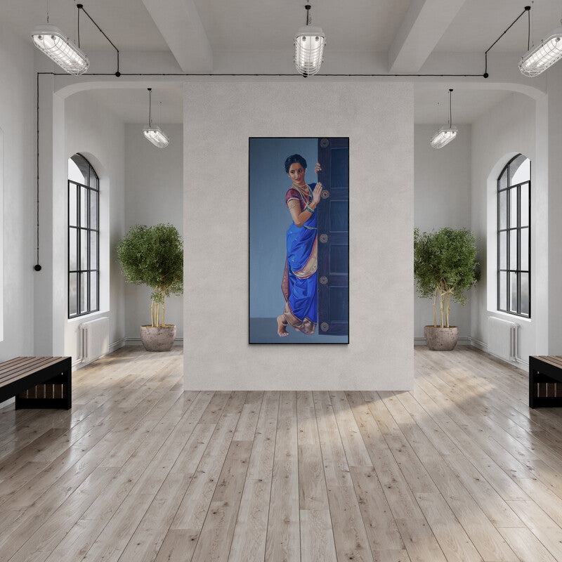 Preview of 'Madhurima (A Dancer's Elegance)' Painting by Vinayak Takalkar shown on a wall in a furnished room.