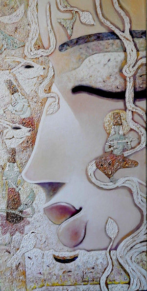 Madhusudan (Veiled Beauty) by Subrata Ghosh, Original Acrylic Figurative Painting on Canvas, Medium Vertical Wall Art