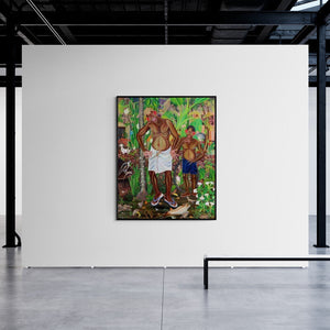 Rejeesh Sarovar's painting 'Madness In The Memories (A Day in the Village)' displayed in a modern living room setting